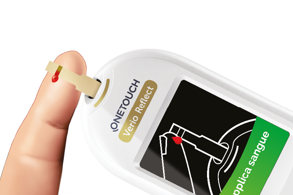 Close-up of a OneTouch Verio Reflect glucose meter with a blood sample being taken, showing the meter's testing strip and blood drop. Close-up of a OneTouch Verio Reflect glucose meter with a blood sample being taken, showing the meter's testing strip and blood drop.